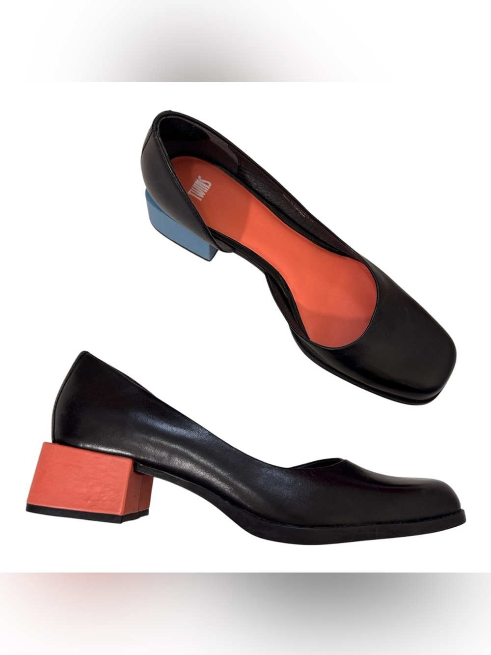 Camper Twins Black Leather D’orsay Chunky Kitten Heels 10 Casual Blue Coral
